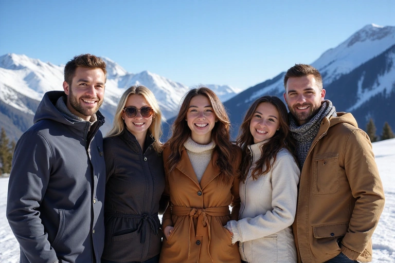 A group of friends laughing and enjoying a snowy mountain view