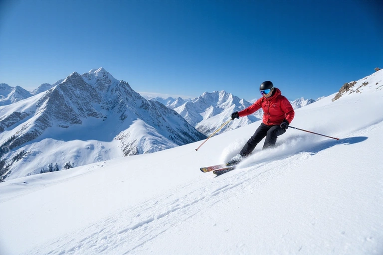 Person skiing down a snowy mountain with a wide smile