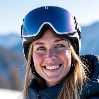 Portrait of a smiling woman, Sarah Johnson, in a snowy landscape