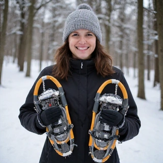 Portrait of a cheerful woman, Emily Davis, holding a pair of snowshoes