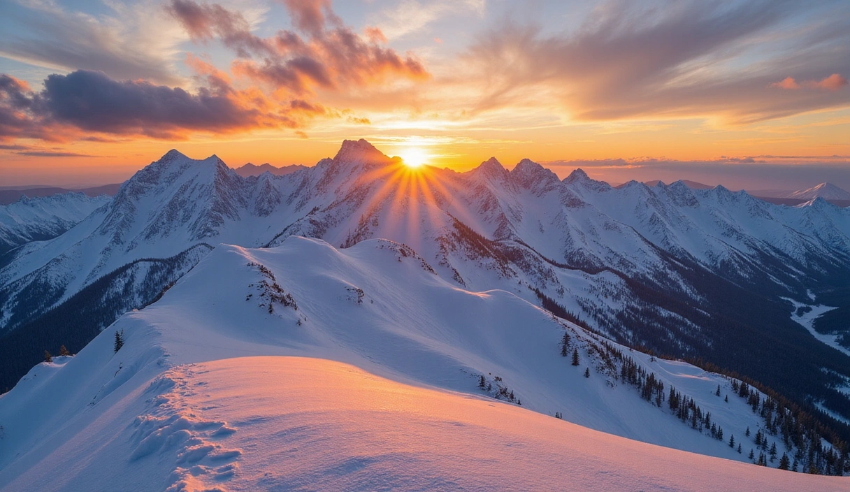 A majestic, snow-capped mountain range at sunset, casting long shadows over a pristine winter landscape, representing the grandeur of winter sports.