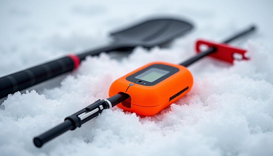 A close-up of essential avalanche safety gear: a beacon, probe, and shovel laid out on snow.