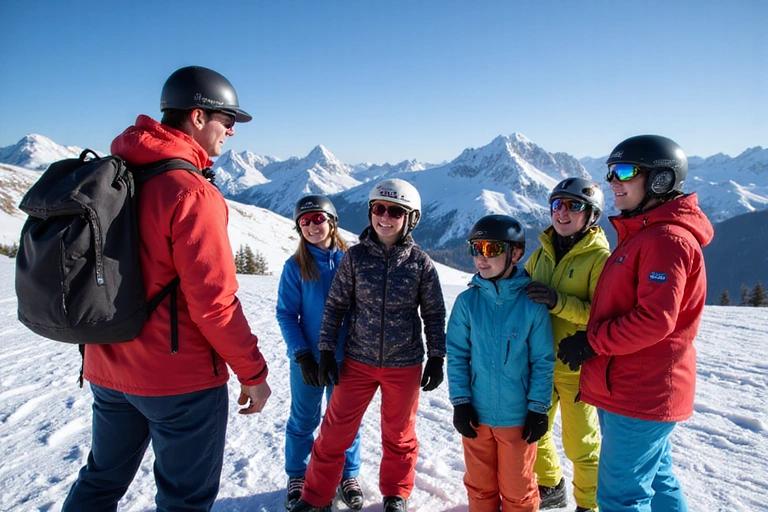 A group of smiling skiers and snowboarders receiving instruction from a friendly instructor on a sunny mountain slope.