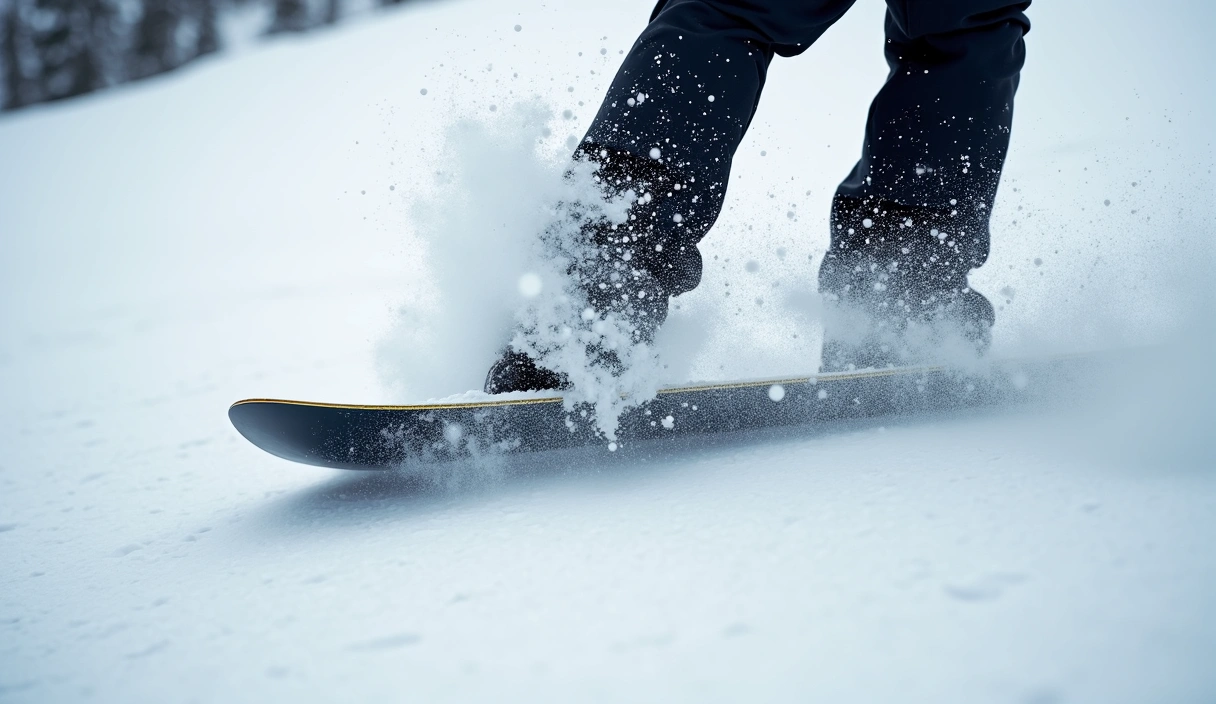 A close-up of a snowboarder kicking up fresh powder, showcasing action and freedom.